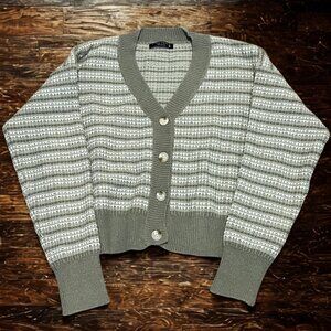 Final Touch Green Striped Knit Cardigan Sweater Size M Like New